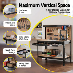 Giantz Workbench with Pegboard and Ultra-Wide 120cm Work Table for Garage DIY, 20 Hooks