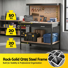 Giantz Workbench with Pegboard and Ultra-Wide 120cm Work Table for Garage DIY, 20 Hooks