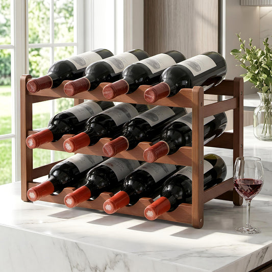 Artiss Bamboo Wine Rack 3-Tier Display Storage Organizer 12 Bottle Walnut