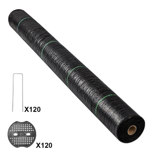 Weed Barrier Fabric 100m x 1m Heavy Duty Highly Permeable Gardening Woven Ground Cover with 120 Ground Nails for Weeds Control Pathways Landscaping Farming