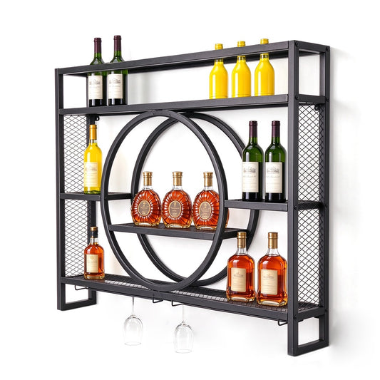 3-Tier Wall Mounted Wine Rack Metal Liquor Bottle Display Storage Shelf with Goblet Holder for Home Bars Dining Room Wine Cellar Kitchen 100x80x15cm Black