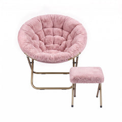 Artiss Comfy Saucer Chair Soft Faux Fur Foldable Accent Chair with Ottoman Pink
