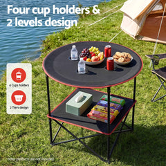 Weisshorn Folding Camping Table with 4 Cup Holders Metal Oxford 73CM Black