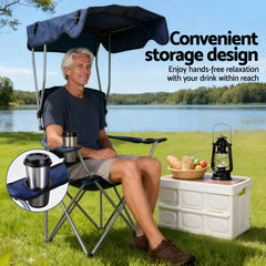 Weisshorn Camping Chair With Canopy Folding Outdoor Portable Seat Lightweight Beach Picnic Fishing Capacity 120KG Navy Blue