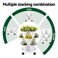 Green Fingers 3 Tier Stackable Vertical Planter Tower Strawberry Pot Wheels White
