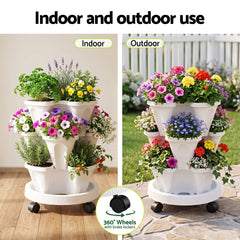 Green Fingers 3 Tier Stackable Vertical Planter Tower Strawberry Pot Wheels White