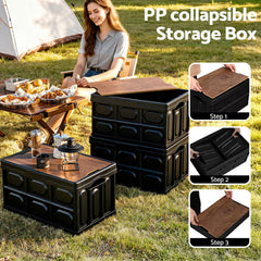 Gardeon Collapsible Outdoor Storage Box 50L Stackable Folding Camping Organizer Plywood Lid Black