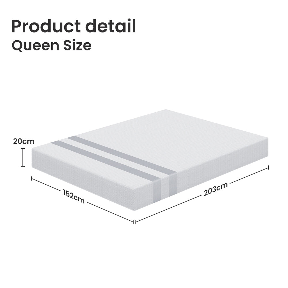 Queen size mattress with dimensions on a white background