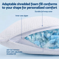 ROOMSENSE Cooling Memory Foam Pillow 2 Pack, Anti-Flattening Bed Pillows for Hot Sleepers, Adjustable Shredded Gel Side Sleeper Pillow for Neck Support, Washable Cover, 72x50x15cm