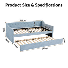 Artiss King Single Buttonless Tufted Daybed with Pull-Out Trundle, Light Blue