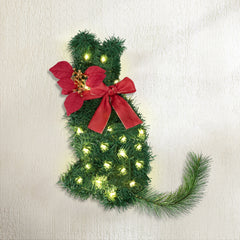 Jingle Jollys Cat Christmas Wreath Pre-lit 20 LED Xmas Decor Bow Flower 35x30cm