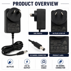 21V 1A AC DC Power Adapter 21W AU Plug Power Supply with DC Barrel Connector 145cm Cable for Compatible Electronic Devices Black
