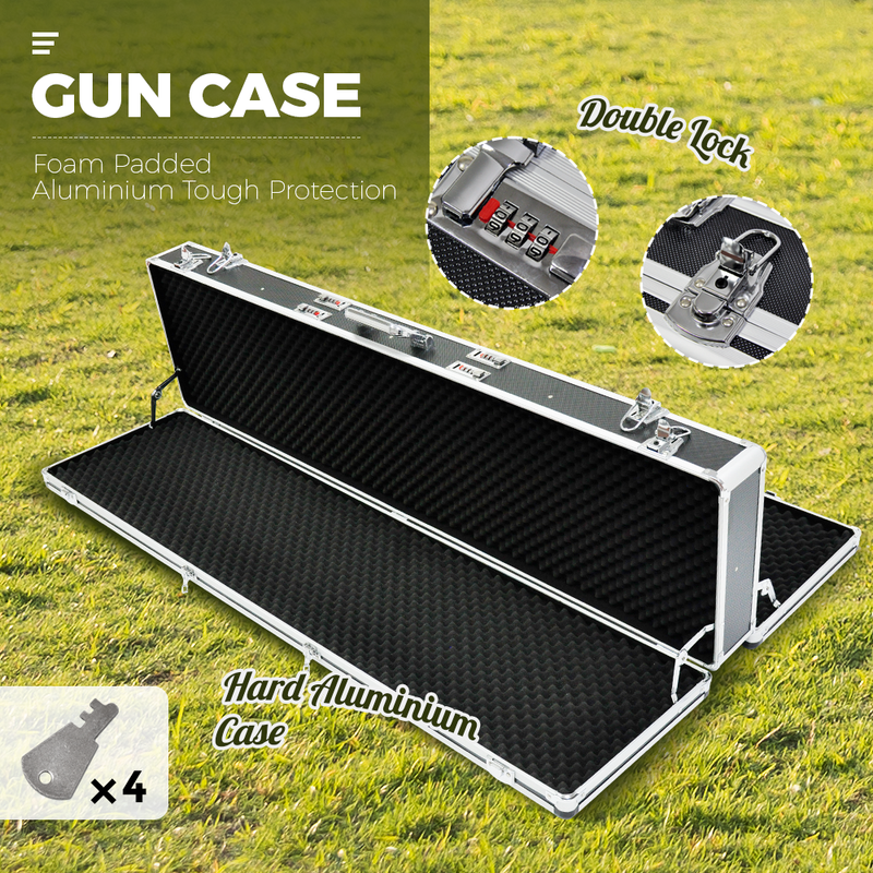 2 in 1 Hard Gun Case Aluminium Tough Double Sided Hunting Safes Rifle Shot Case Lightweight Carry Boxes Foam Padded Protection Lockable with Keys