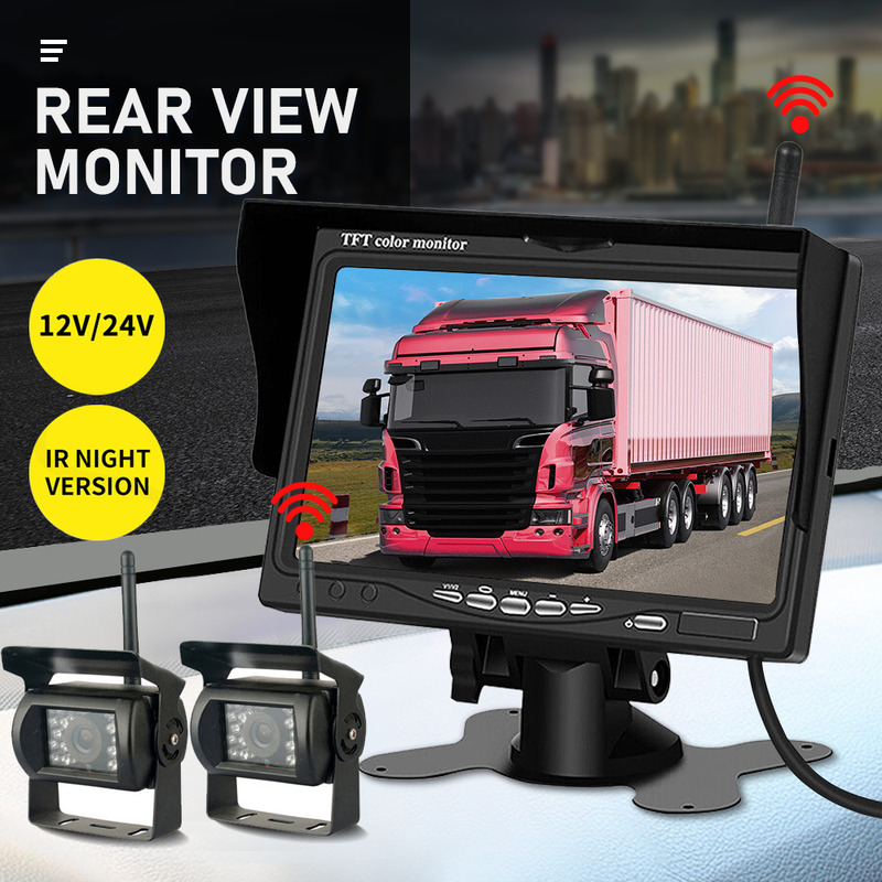 7'' Wireless Rear View Monitor +2 Reversing Camera Kit Caravan Bus Truck