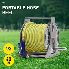 Large Stainless Steel Garden Hose Reel Cart Portable Pipe Holder Heavy Duty Water Pipe Storage Rack With Crank Handle for 1/2inch Hose up to 60M