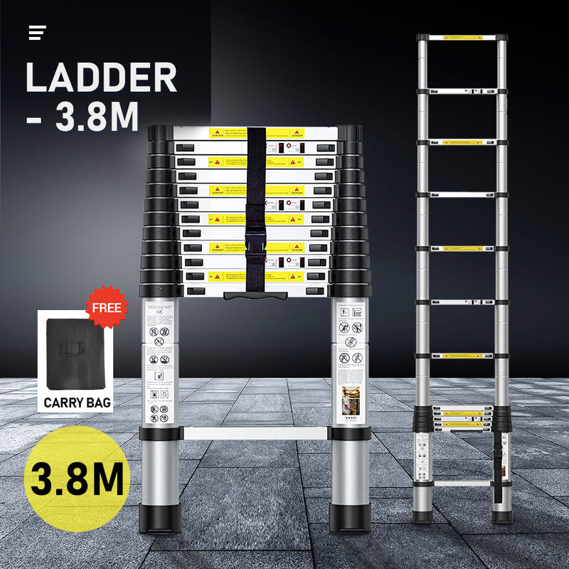 3.8m Telescopic Extension Ladder Aluminium Retractable Adjustable Collapsible Ladder and Free Carry Bag for Outdoor Indoor Use