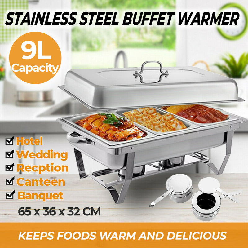 9L 3x3L Bain Marie Bow Food Buffet Warmer Pan Chafing Dish Stainless Steel Catering Warmer Set with Trays Lid Fuel Holder Party Banquet Dining