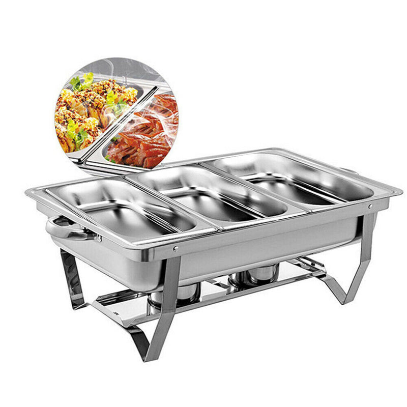 9L 3x3L Bain Marie Bow Food Buffet Warmer Pan Chafing Dish Stainless Steel Catering Warmer Set with Trays Lid Fuel Holder Party Banquet Dining