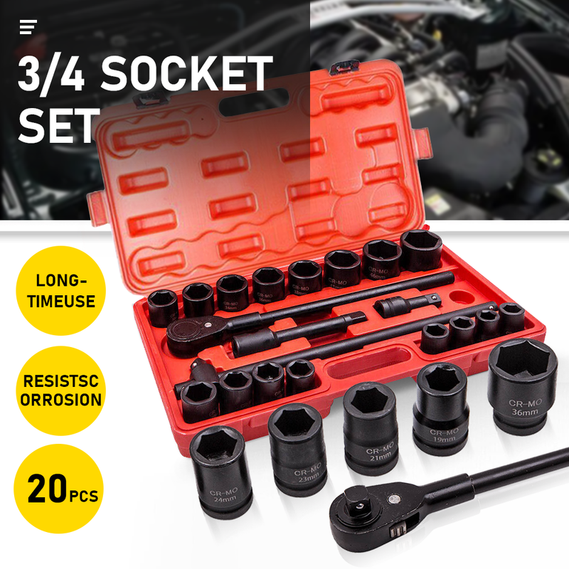 20pcs 3/4'' 19mm-50mm Drive Deep Impact Socket Set Garage Repair Sockets Ratchets