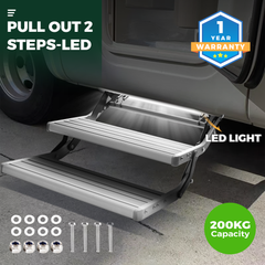 Aluminium Alloy Caravan Double Step Foldable Pull Out Step with 12V LED Light Pedal Manual Telescopic Pedal Anti Skid for Motorhome RV Camper Van 2 Stpes