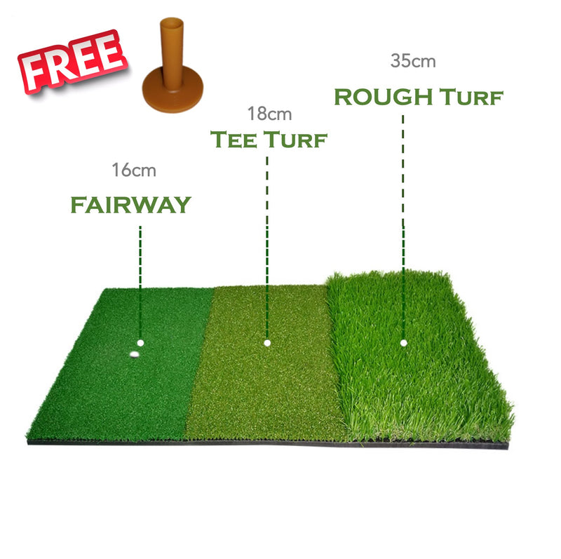 three coloured golf mat, free golf tee, fairway 16 centimetres, tee turf 16 centimetres, rough turf 35 centimetres