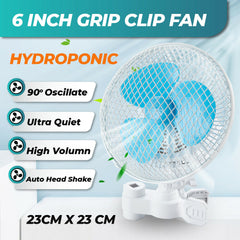Portable 20W 2 Speed Hydroponic 6" Clip-on Fan 90 Degree Oscillating Clip Fan 230mm Auto Wave Grow Tent Pole Design Super quiet for Hydroponic