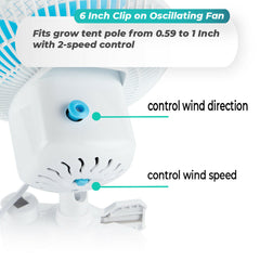 Portable 20W 2 Speed Hydroponic 6" Clip-on Fan 90 Degree Oscillating Clip Fan 230mm Auto Wave Grow Tent Pole Design Super quiet for Hydroponic