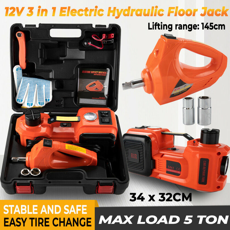 Electric Car Jack 5 Ton 12V DC Lifting Range 15-45cm, Electric Hydraulic Floor Jack Lift with Impact Wrench and Safety Hammer for Car SUV Sedan
