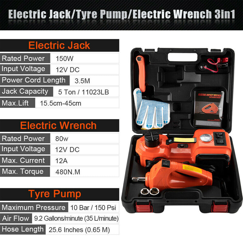 Electric Car Jack 5 Ton 12V DC Lifting Range 15-45cm, Electric Hydraulic Floor Jack Lift with Impact Wrench and Safety Hammer for Car SUV Sedan