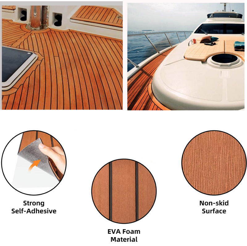 Premium EVA Foam Decking Sheet Brown-2400x900mm Faux Teak Marine Mat for Boat Flooring Marine Carpet Cooler Tops Seating Non-Slip Self-Adhesive Flooring