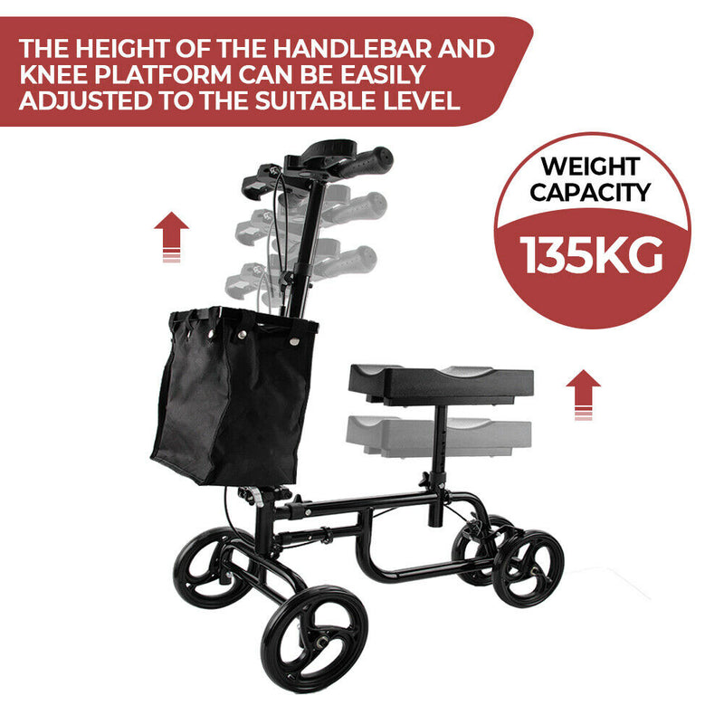 Foldable Knee Walker Scooter Height Adjustable 47-60cm Mobility Alternative Crutches Wheelchair with Basket for Foot Injuries -135KG Capacity