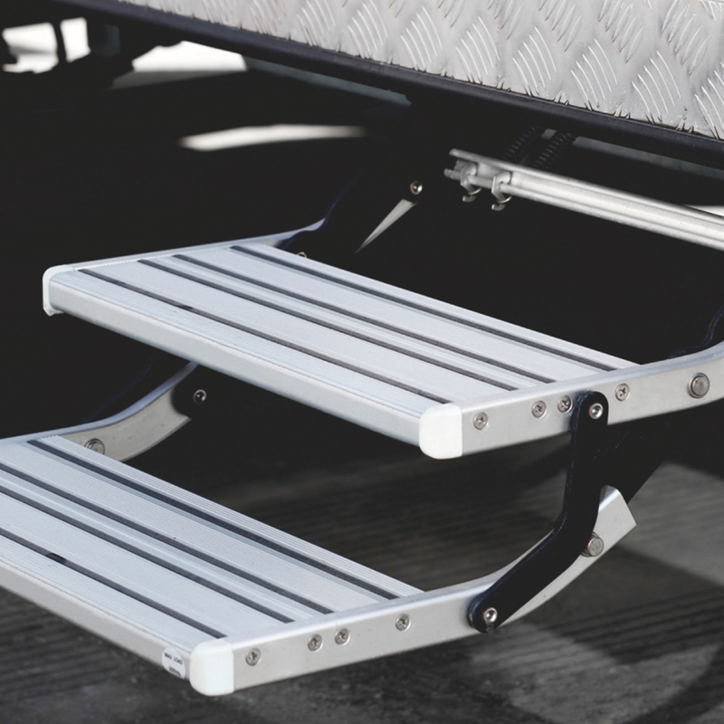 Manual Aluminum Alloy Folding Double Step with 12V LED Light Ladder Telescopic Pedal Anti Skid for Motorhome RV Camper Van Travel Trailer Caravan