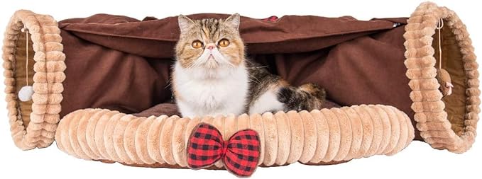 Cat Bed with Tunnel Large Foldable Soft Cushion Bedding 7 Colors Washable 2-in-1 Cat Bed