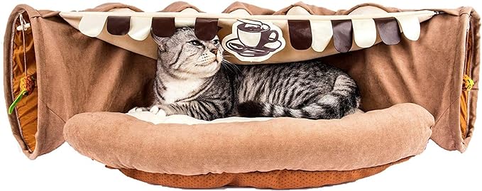Cat Bed with Tunnel Large Foldable Soft Cushion Bedding 7 Colors Washable 2-in-1 Cat Bed