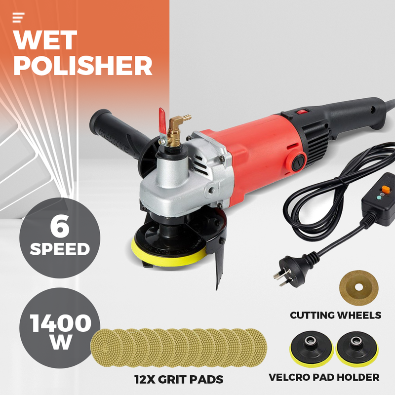 1400W Polisher Concrete Stone Wet Polishing Kit 6 Speed Including Cutting Wheel Splash Guard and 12 Grit Pads