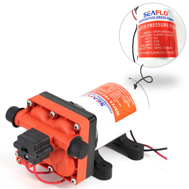 seaflo caaravan water pump, 11.3 LPM 3 GPM, 12 volts, 3.5 amps, 7.5 max amps, 55 PSI, 3.8 BAR