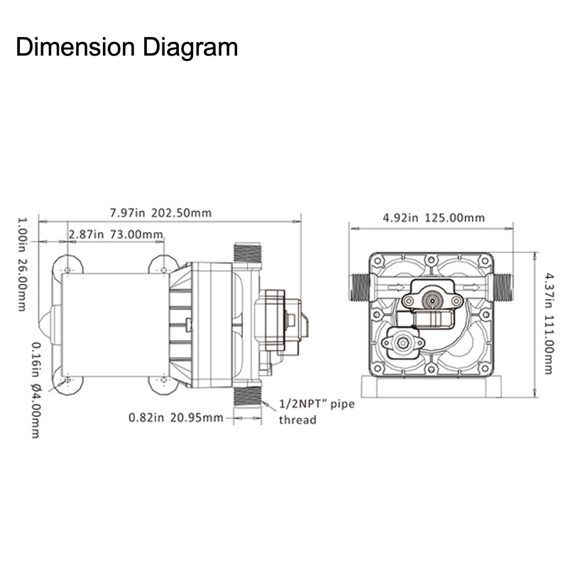 Dimension diagram, 202.5 mm length, 125 mm width, 111 mm height
