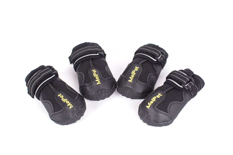Four black dog shoes, MelPet logo in yellow printed on all four shoes.