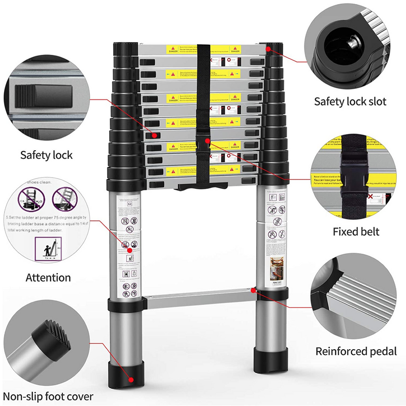 telescopic ladder, safety lock, attention labels, non-slip foot cover, safety lock slot, fixed belt, reinforced pedal