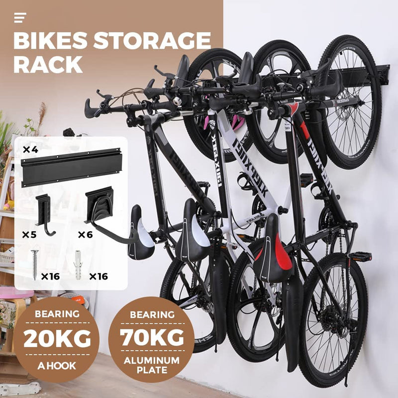 Bike Storage Rack Wall Mount Garage Bike Hanger Rack For 6 Bikes Adjustable Hooks Fits All Mountain and Road Bike Up to 20kg Per Hook
