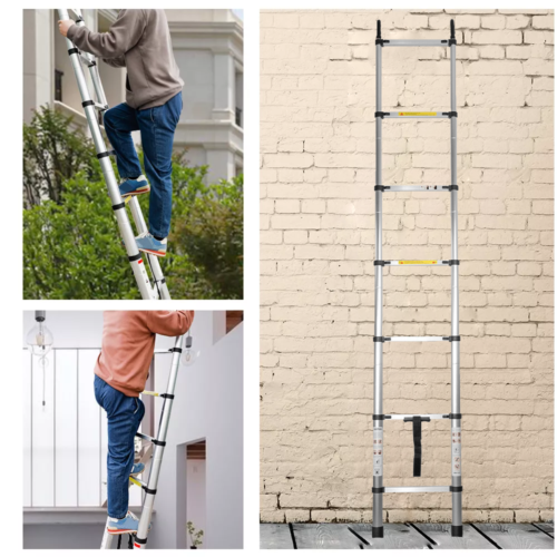 Portable 2.6M Telescopic Ladder with Safety Hooks Aluminium Folding Ladder Multi-Purpose Compact Design Safety Lock 150kg Capacity Includes Carry Bag
