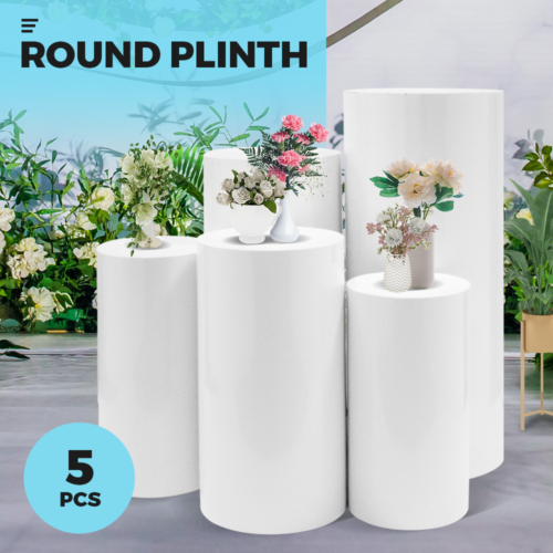 5Pcs Metal Round Plinths Cylinder Pedestal Stands for Party Large Tables for Parties Pedestal for Ceremony Birthday Party Art Decor-White