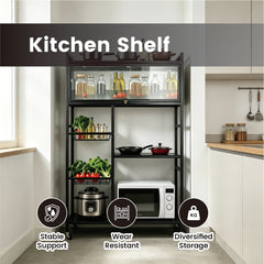 Multi-tier Kitchen Shelf Steel 360 Rolling Appliances Storage Rack Microwave Stand with 2 Removable Mesh Baskets and Top Flip-door Cabinet 80x32x125cm