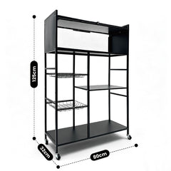 Multi-tier Kitchen Shelf Steel 360 Rolling Appliances Storage Rack Microwave Stand with 2 Removable Mesh Baskets and Top Flip-door Cabinet 80x32x125cm
