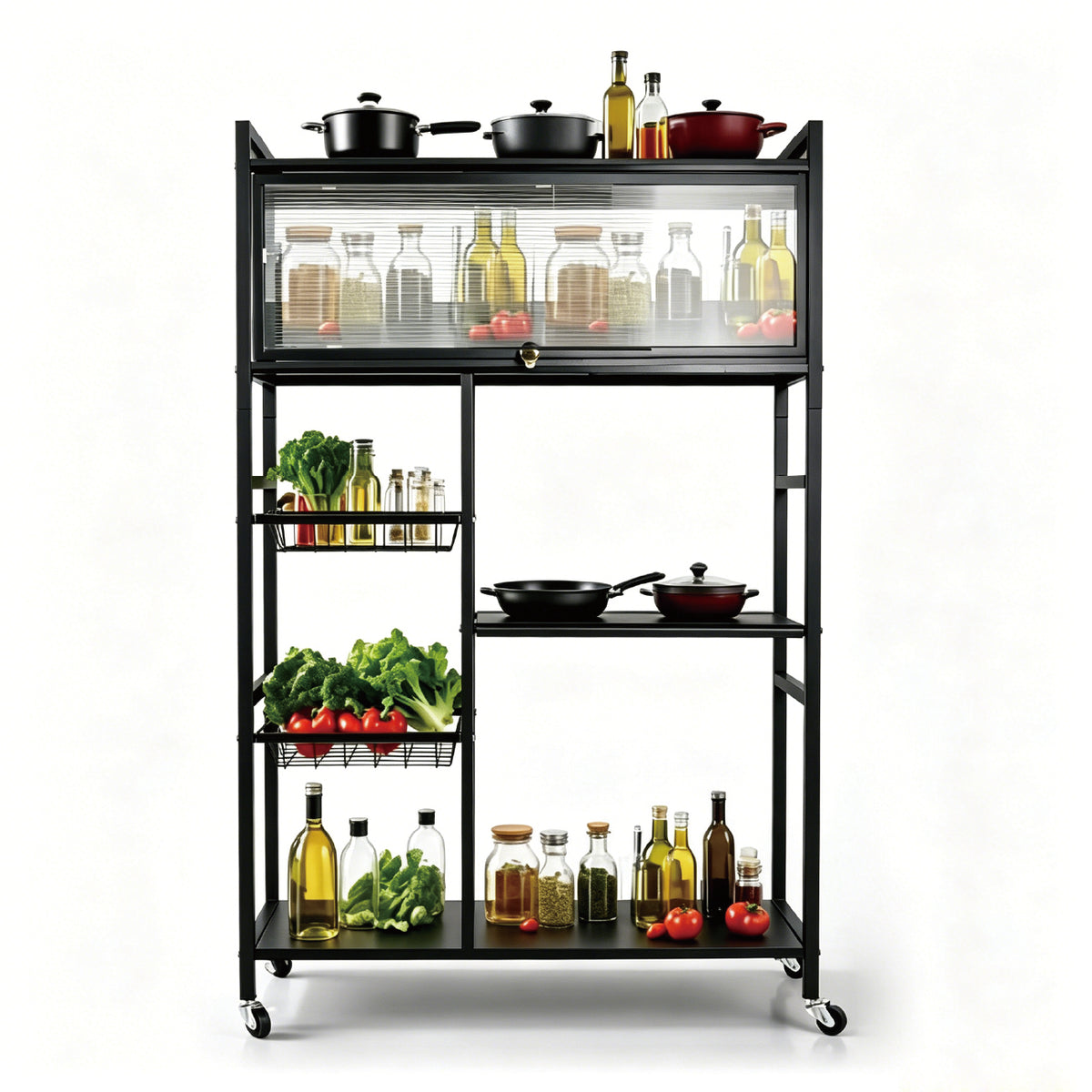 Multi-tier Kitchen Shelf Steel 360 Rolling Appliances Storage Rack Microwave Stand with 2 Removable Mesh Baskets and Top Flip-door Cabinet 80x32x125cm