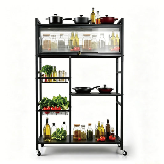 Multi-tier Kitchen Shelf Steel 360 Rolling Appliances Storage Rack Microwave Stand with 2 Removable Mesh Baskets and Top Flip-door Cabinet 80x32x125cm
