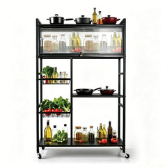 Multi-tier Kitchen Shelf Steel 360 Rolling Appliances Storage Rack Microwave Stand with 2 Removable Mesh Baskets and Top Flip-door Cabinet 80x32x125cm