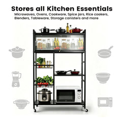 Multi-tier Kitchen Shelf Steel 360 Rolling Appliances Storage Rack Microwave Stand with 2 Removable Mesh Baskets and Top Flip-door Cabinet 80x32x125cm