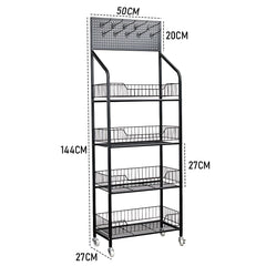4 Tier Supermarket Shelf Display Rack Grocery Metal Stand Shelf for Commercial Retail Stores Home Organizer-with Wheel Black