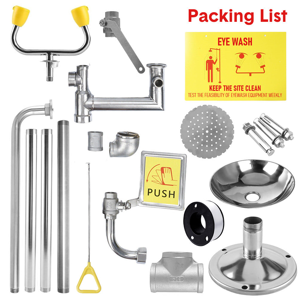 Eye Wash Station Emergency Shower Combination 12 LPM Flow with Pedal Stainless Steel for Mining/Construction | Instant Push Valve Floor Drain Kit